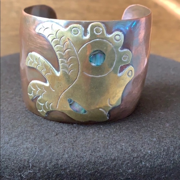 Vintage Copper Abalone Brass Inlay Cuff Bracelet - Picture 2 of 5